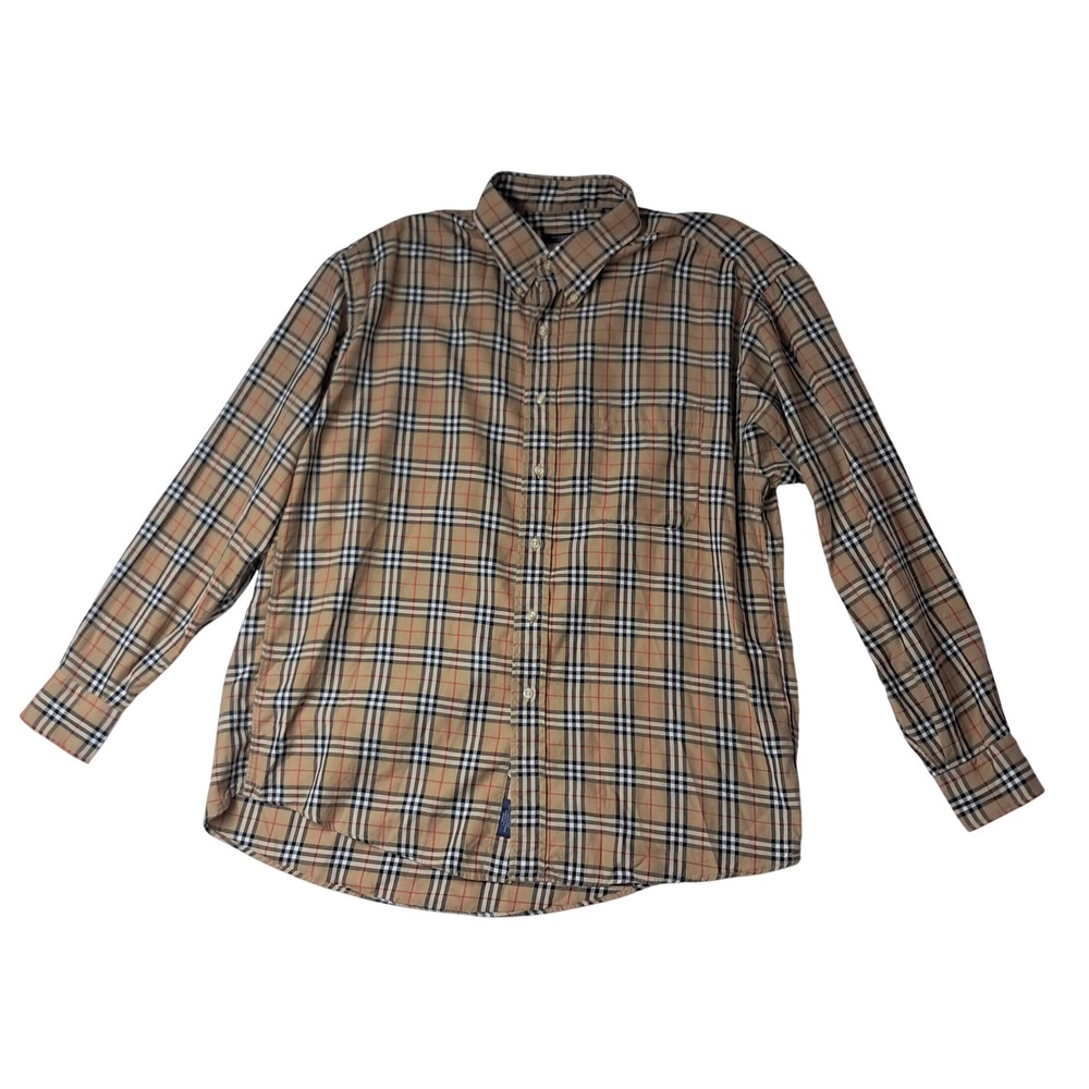 Vintage Burberry Button Down Shirt Mens XL Tan Nova Check Long Sleeve Plaid USA